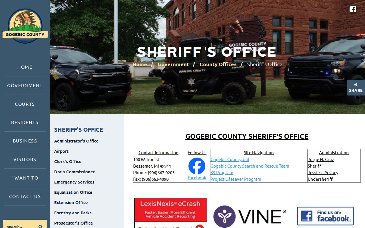 Gogebic County Sheriff's Office contact page for the agency that serves court warrants