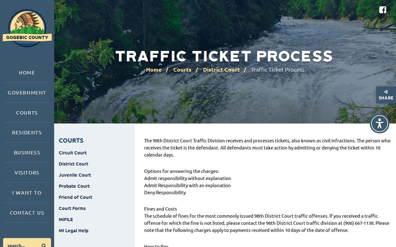 Gogebic County traffic ticket process page showing the ten-calendar-day response rule