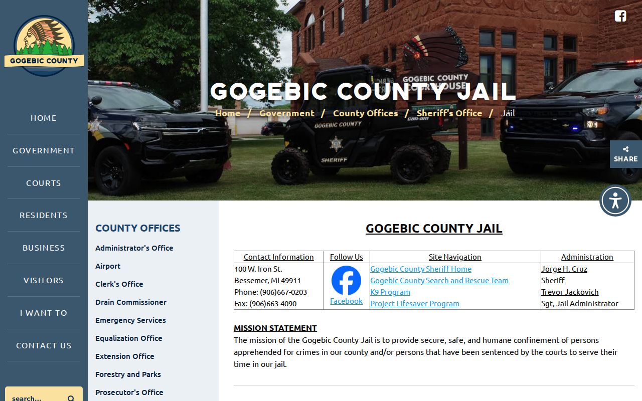 Gogebic County jail contact page for custody questions tied to outstanding warrants