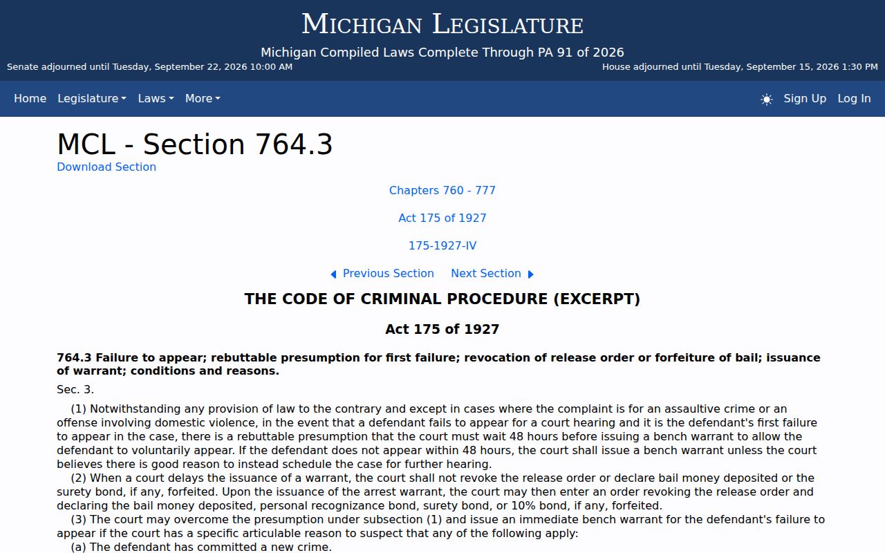 Michigan statute and court rule page used for Gogebic County bench warrant review