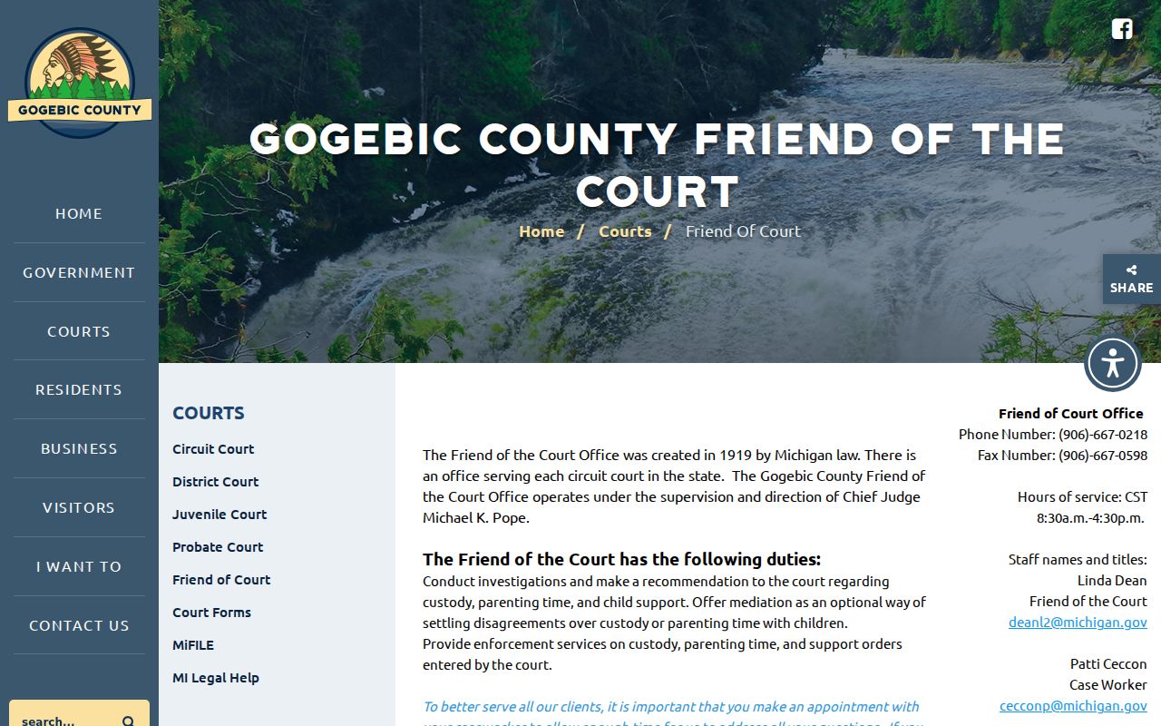 Gogebic County Friend of Court page showing appointment and family enforcement details