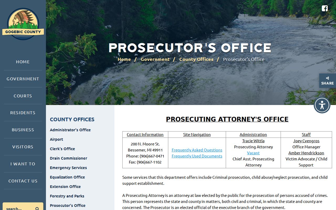 Gogebic County prosecutor office page showing charging role in arrest warrant cases