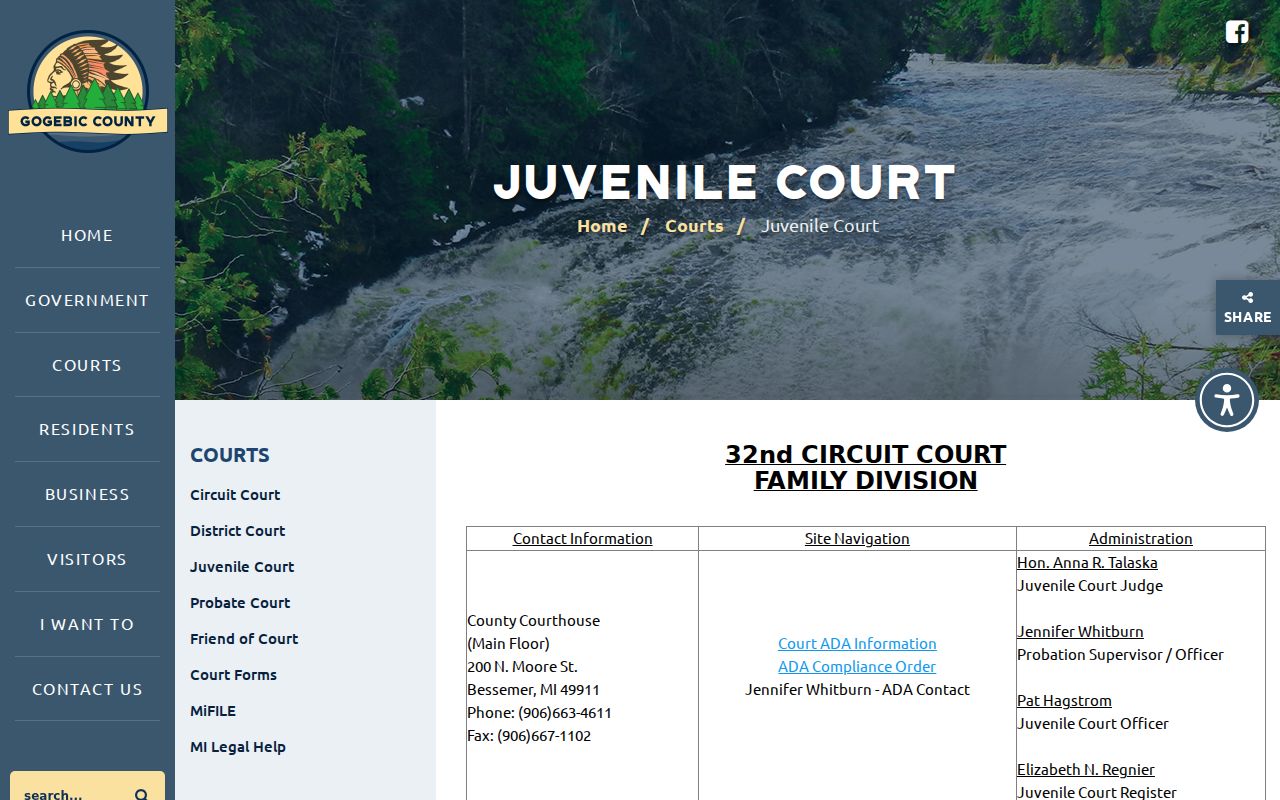 Gogebic County Family Division and juvenile court page showing nonpublic record limits for bench warrant questions