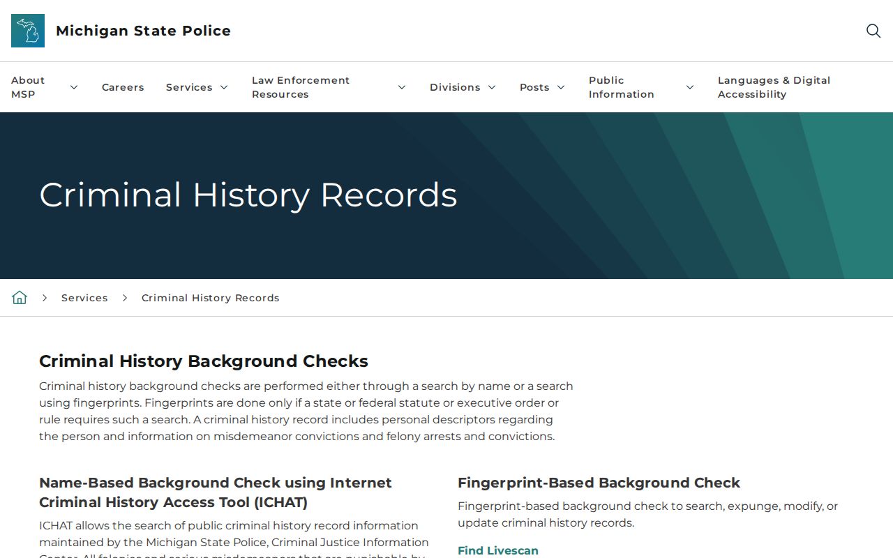 Michigan State Police criminal-history page stating that warrant information is excluded from ICHAT results
