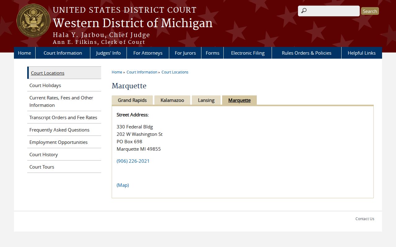 Federal courthouse page for Western District of Michigan arrest warrant matters from Gogebic County