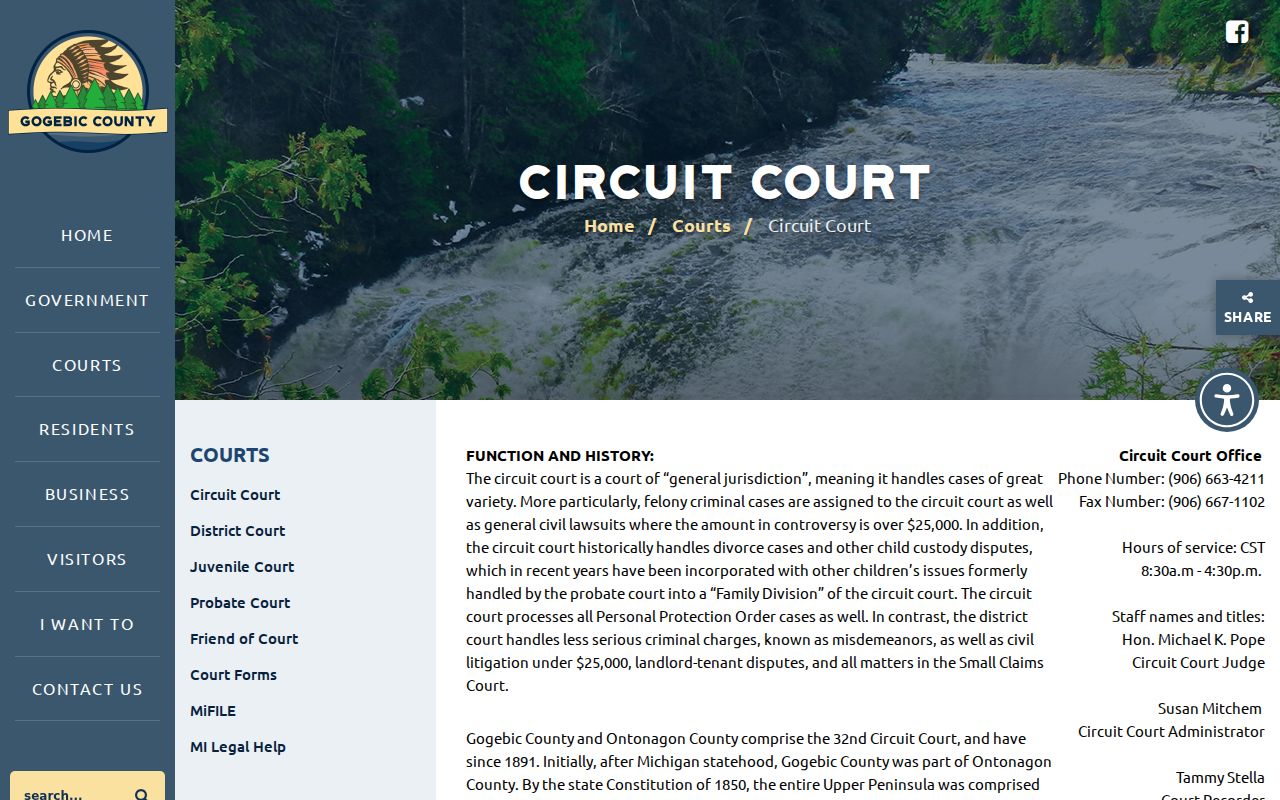 Gogebic County circuit court page showing felony and Family Division jurisdiction for Bessemer warrant cases