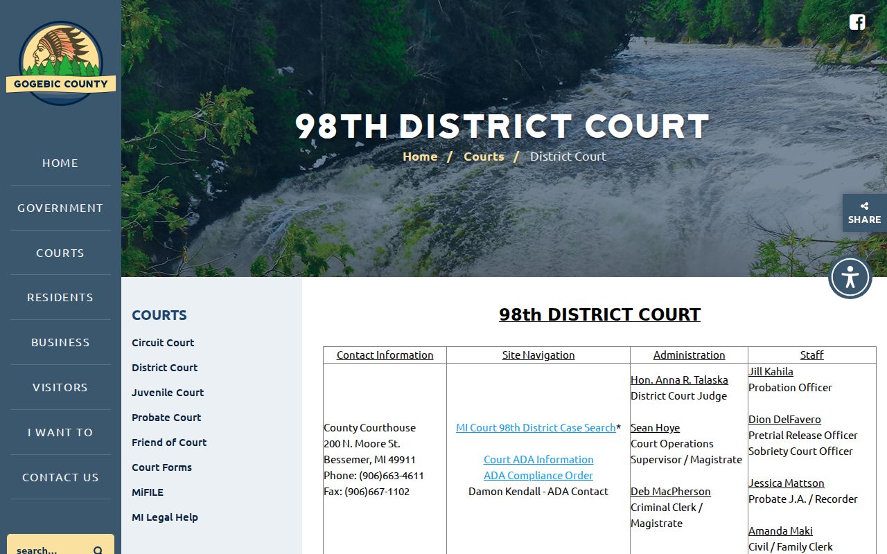 Gogebic County district court page showing court identity, address, and case search link