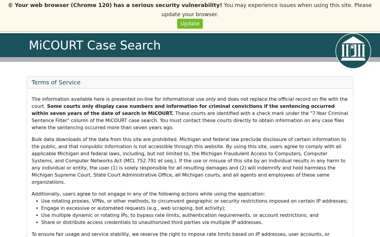 Gogebic County warrant records search form showing name, birth year, and court selection fields